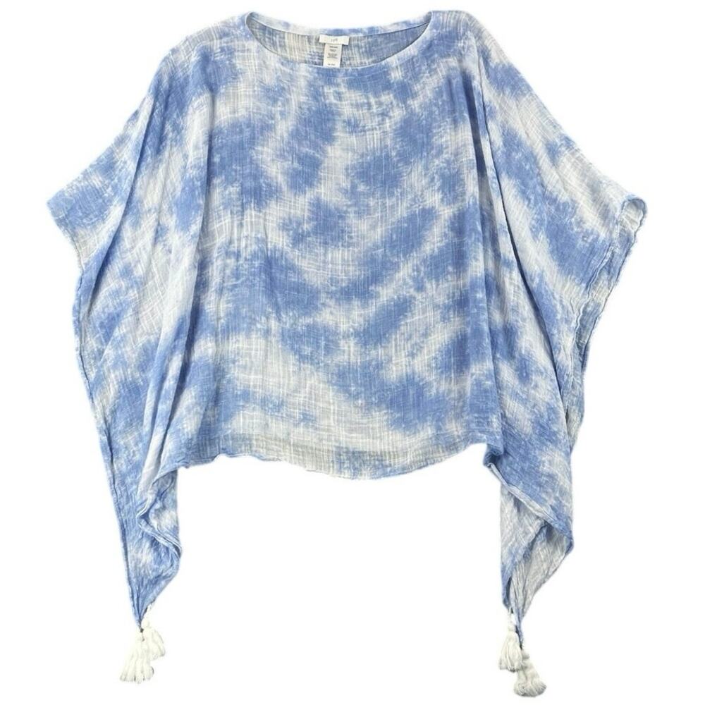 J. Jill Blue Tie Dye Poncho Top Tassel Hem Cotton Rayon Gauze One Size